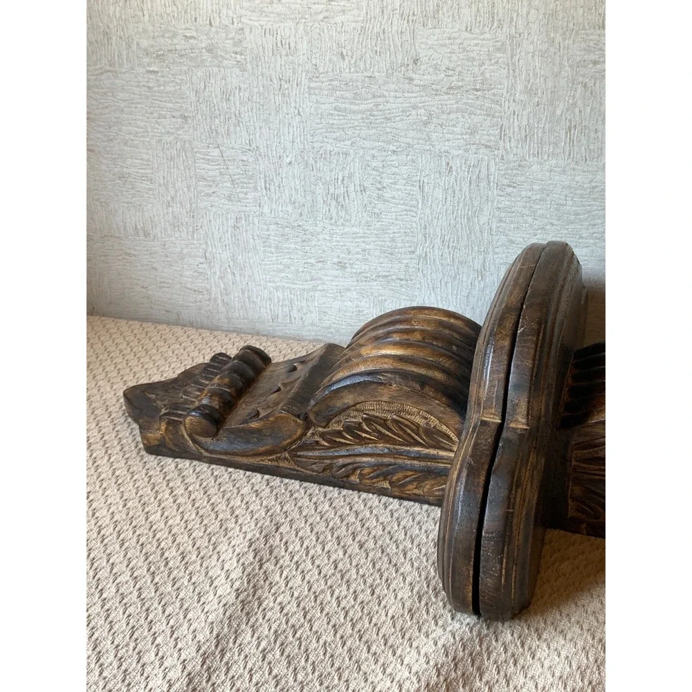 Vintage Hand Carved Wood Wall Corbel Shelves Pair Dark Brown Architectural Decor
